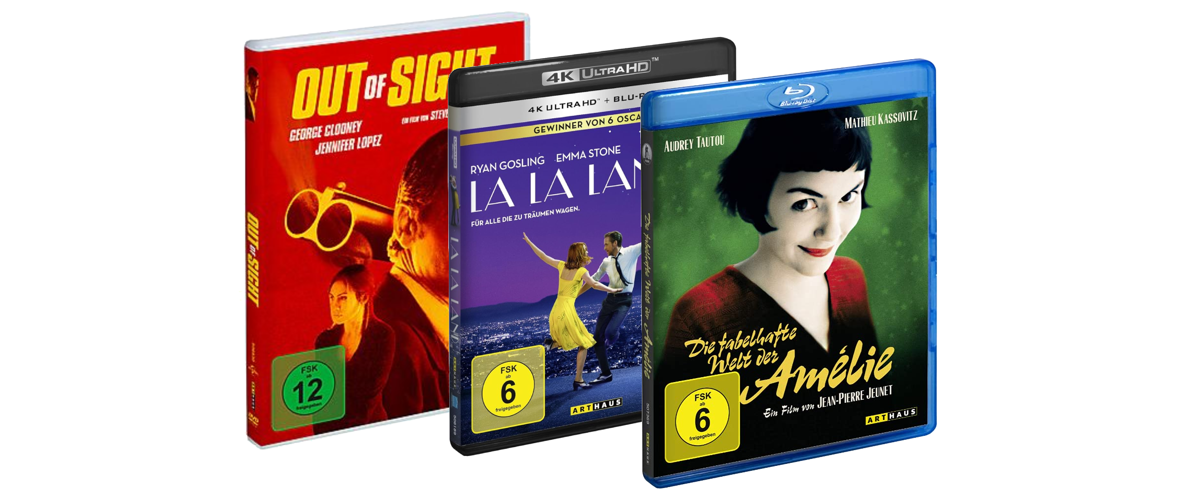 Blu-rays und DVDs in einer Reihe: Out of Sight, La La Land, Amélie